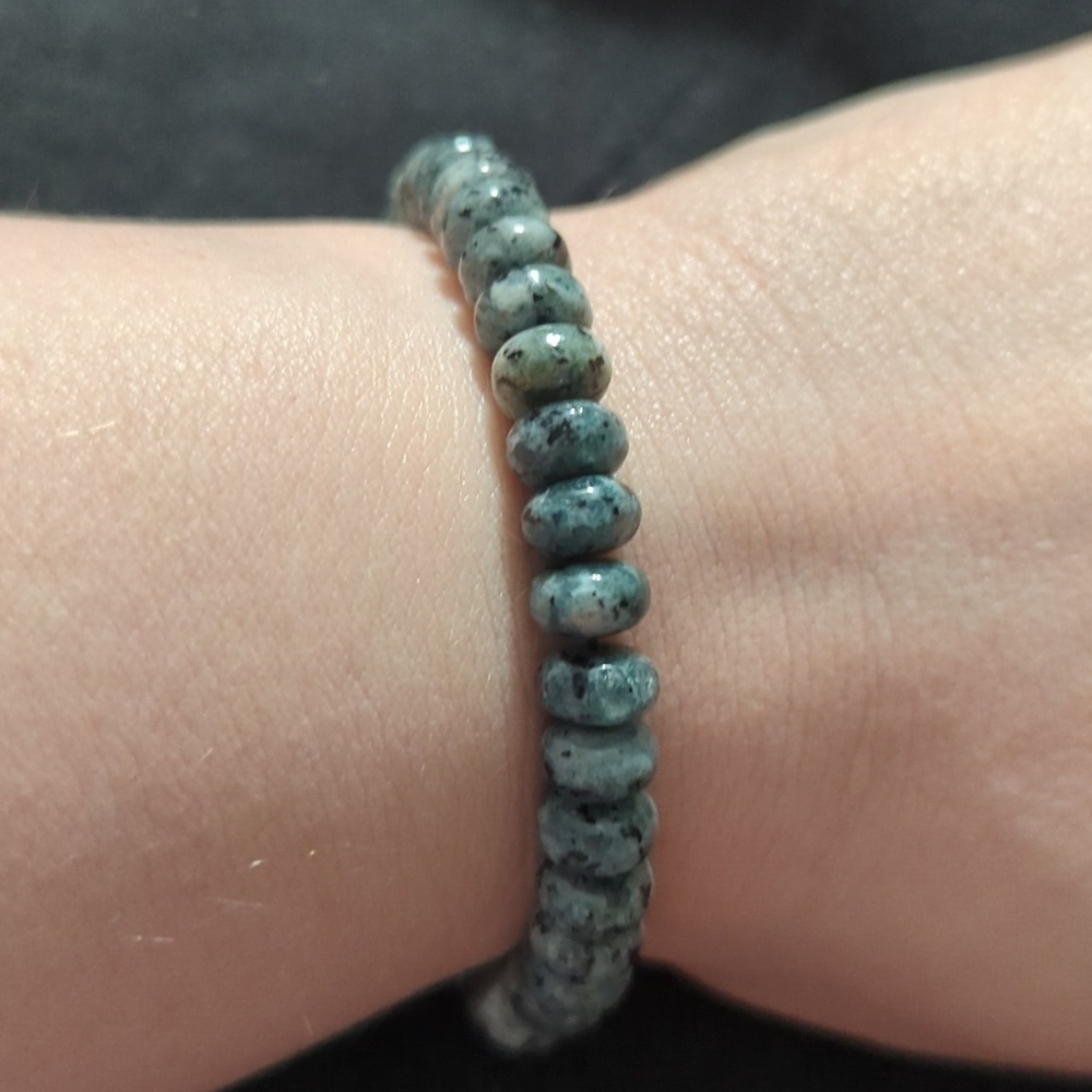 Gray Green Spot Jasper Gemstone Beaded Stretchy Elastic Statement Bracelet